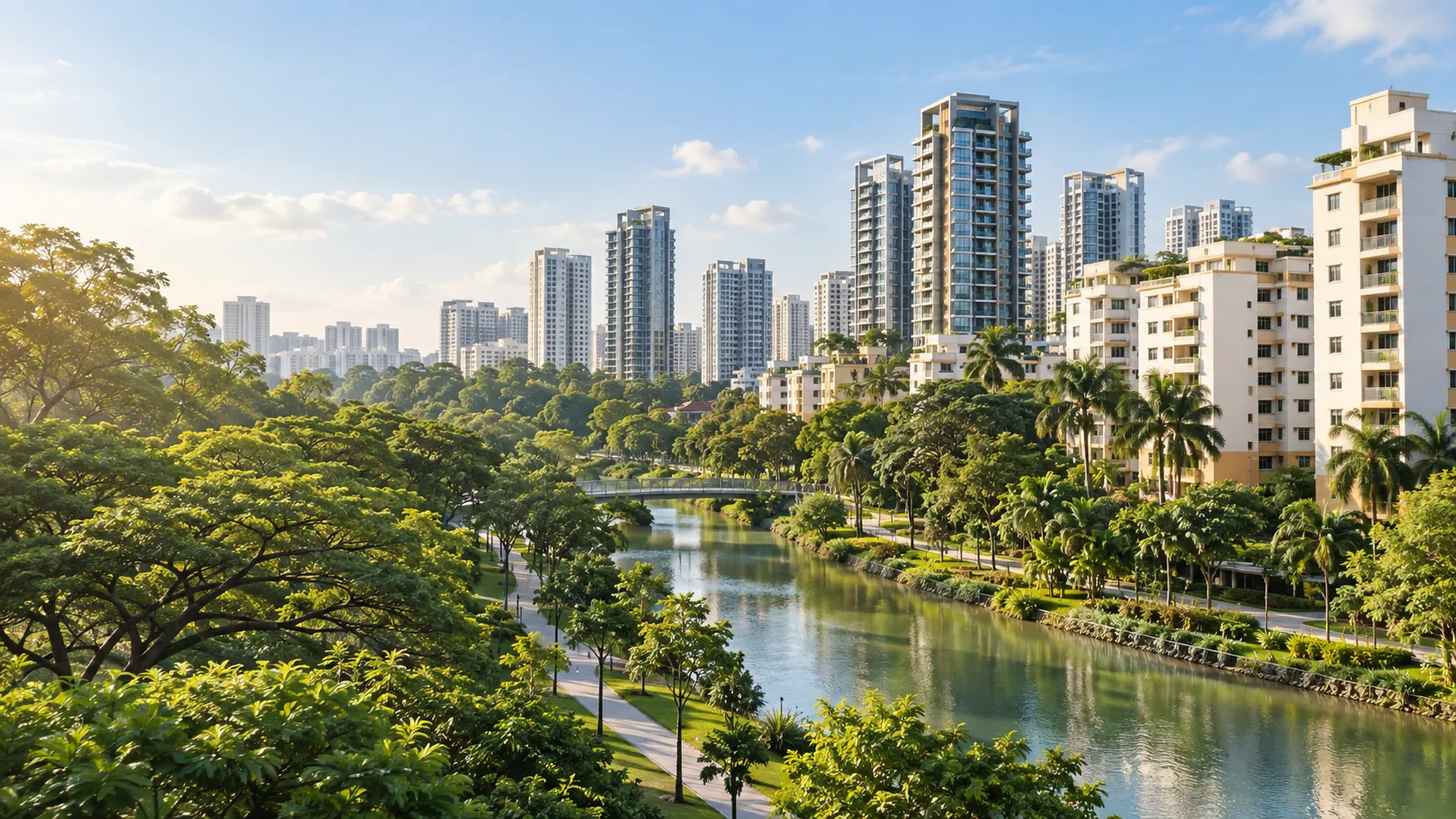 AI-generated illustration of a green Singapore-style neighbourhood, with apartment towers beside a river and park. Not a real property.