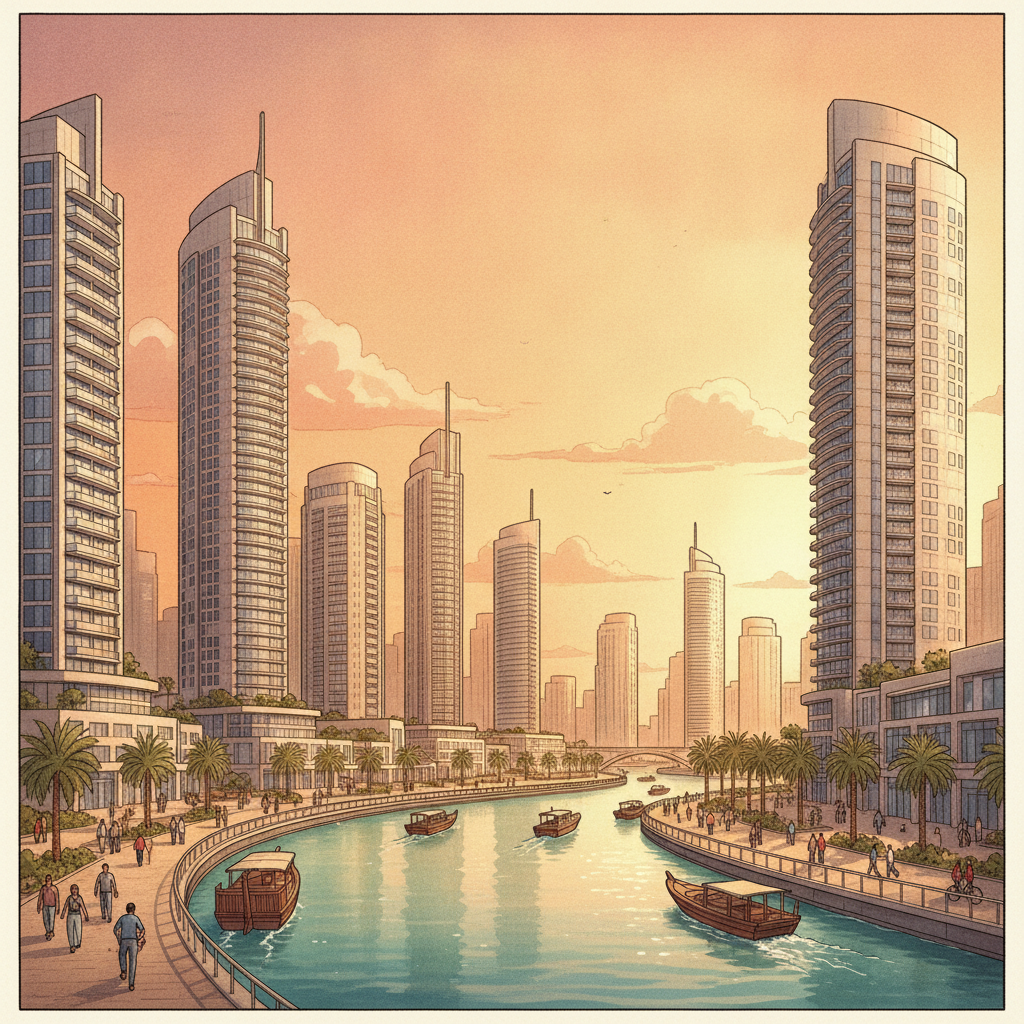 AI-generated illustration of a UAE (Dubai) neighbourhood. Not a real property.
